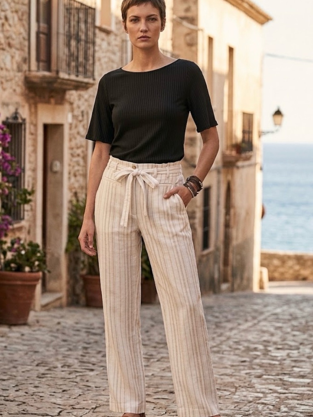 White House Black Market Black Top with Cream Striped Wide-Leg Pants